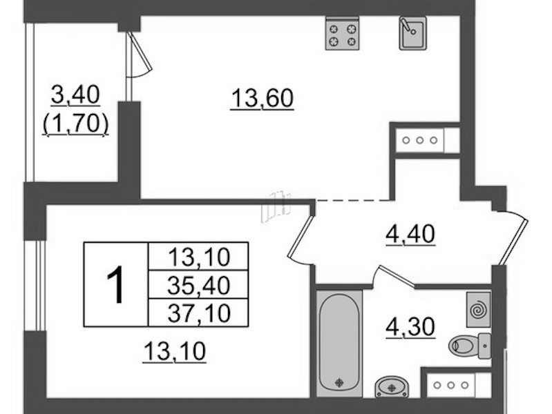 1-комнатная квартира 37.1 м², 9/9 эт., ЖК «А101 Лаголово»